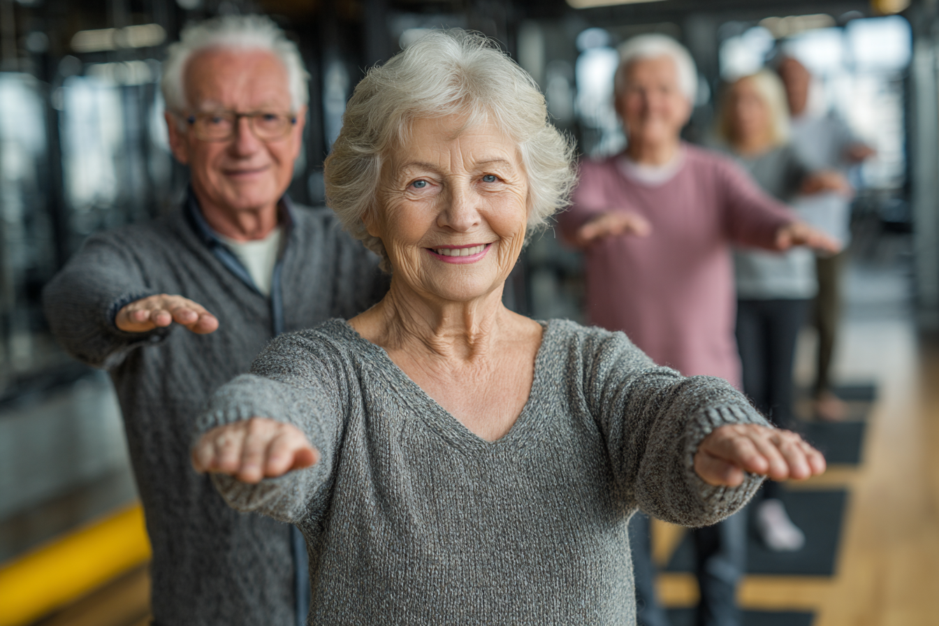 Зряла жена прави йога на открито